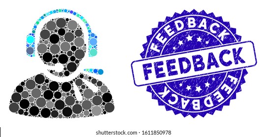 Collage operator speech icon and rubber stamp seal with Feedback text. Mosaic vector is formed with operator speech icon and with scattered circle spots. Feedback stamp seal uses blue color,