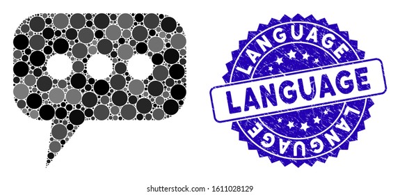 Collage opinion cloud icon and rubber stamp seal with Language caption. Mosaic vector is created with opinion cloud icon and with random round items. Language seal uses blue color,