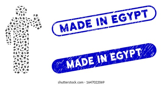 Collage Meinung Pose und korrodierte Siegel mit Made in Ägypten Bildunterschrift. Mosaik Vektorillustration Meinung Pose wird mit randomisierten Ellipse-Elementen erstellt. In Ägypten hergestellte Stempelrobben verwenden blaue Farbe,