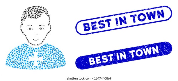 Collage order chevalier and grunge stamp seals with Best in Town caption. Mosaic vector order chevalier is created with randomized ellipse spots. Best in Town stamp seals use blue color,