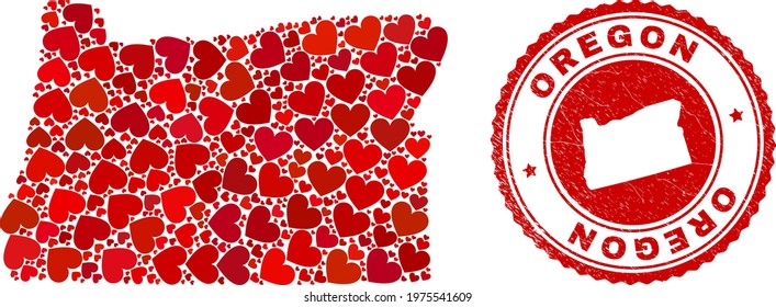 Collage Oregon State map formed with red love hearts, and grunge seal. Vector lovely round red rubber seal imitation with Oregon State map inside.