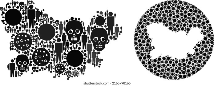 Collage Ourense Province map designed from covid icons and humans and skull icons. Sick virus Ourense Province map collage created with sphere and subtracted space.