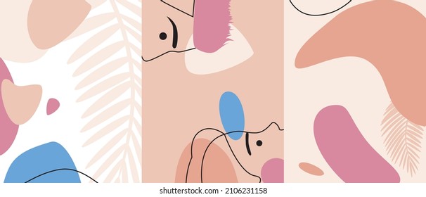 Collage of outline couples faces art. Vector stock illustration. Geometric stylish collage of doodle shapes in a trendy style. Portrait of man and woman with tropical plants