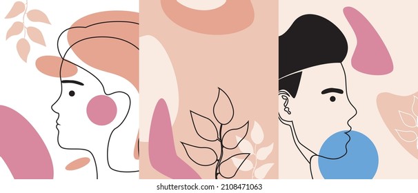 Collage de parejas esquemáticas se enfrenta a la ilustración del material vectorial. Resumen de un collage moderno de formas geométricas en un estilo hipster a la moda. Retrato de hombre y mujer con plantas