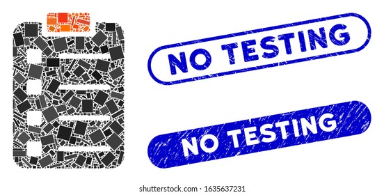 Collage pad form and distressed stamp seals with No Testing text. Mosaic vector pad form is created with random rectangle items. No Testing stamp seals use blue color, and have round rectangle shape.