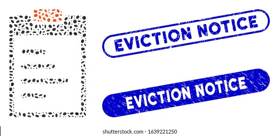Collage pad text and corroded stamp seals with Eviction Notice phrase. Mosaic vector pad text is designed with randomized ellipse pieces. Eviction Notice stamp seals use blue color,