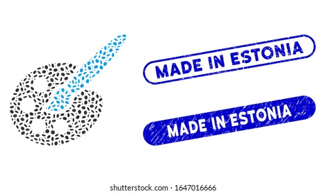 Collage paint tools and corroded stamp seals with Made in Estonia caption. Mosaic vector paint tools is designed with scattered oval elements. Made in Estonia stamp seals use blue color,