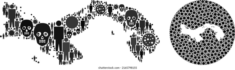Collage Panama map composed of virus icons and men and mortal icons. Infection virus Panama map collage composed with sphere and cut out shape. Collages created for health care proclamations.
