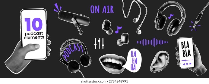 Collage paper elements with halftone print look. Punk grunge podcast graphics inspired by magazine cutouts. Pop art stickers for covers banners and posts.