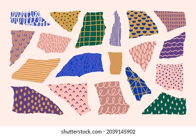 Collage Paper Shape Set with Different Hand Draw Patterns in Contemporary Style. Vector Torn Colourful Paper isolated on a pink background.