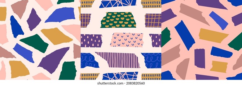 Collage Paper Shape and Washi Tape Pieces Seamless Patterns Set with Different Hand Draw Textures and without in Contemporary Style. Vector Background from Torn Colourful Paper