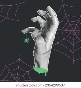 Collage of paper zombie hand in trendy halftone retro style. Neon doodle elements, spider and web, hand gesture.