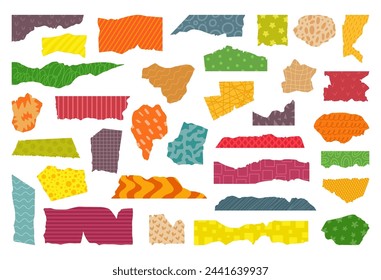 Collage-Papierblätter. Dekorationspapier mit verschiedenen Designs. Isolierte Texturen Blatt zerrissene Kanten. Kreative Handwerkselemente, neoterisches Vektor-Set