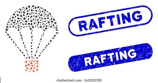 Collage parachute and distressed stamp seals with Rafting text. Mosaic vector parachute is composed with scattered ellipse parts. Rafting stamp seals use blue color, and have round rectangle shape.