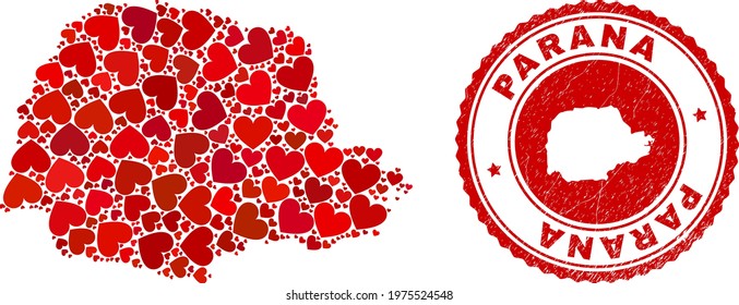 Collage Parana State map designed with red love hearts, and scratched seal stamp. Vector lovely round red rubber stamp imitation with Parana State map inside.