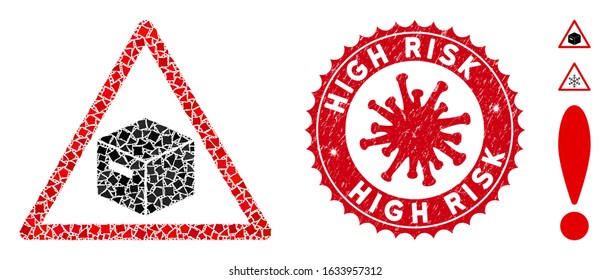 Collage parcel warning icon and red round rubber stamp seal with High Risk phrase and coronavirus symbol. Mosaic vector is created with parcel warning pictogram and with scatteredtuberous parts.