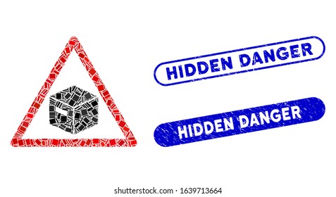 Collage parcel warning icon and red rounded corroded stamp seal with Hidden Danger phrase and coronavirus symbol. Mosaic vector is composed from parcel warning icon and with scattered circle elements.