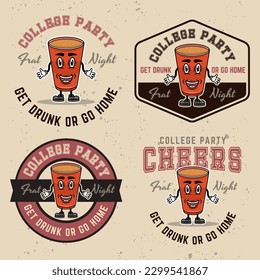 Collage party set of vector emblems, badges, labels or logos with plastic cup of beer cartoon character on light textured background