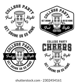 Collage party set of vector monochrome emblems, badges, labels or logos with plastic cup of beer cartoon character on white backgroundCollage party set of vector monochrome emblems, badges, labels or 