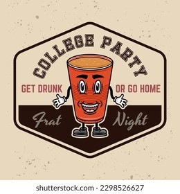 Collage party vector emblem, badge, label or logo with plastic cup of beer cartoon smiling character illustration on light textured background