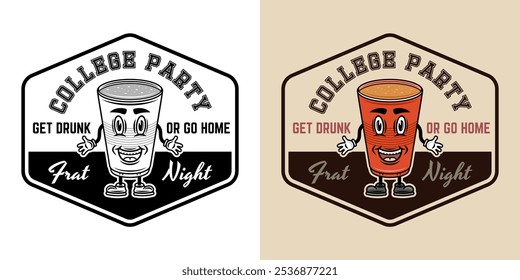 Collage party vector emblem, badge, label or logo with plastic cup of beer cartoon smiling character. Two styles monochrome and colored with removable textures