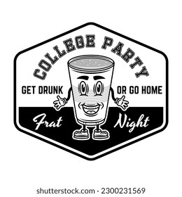 Collage party vector monochrome emblem, badge, label or logo with plastic cup of beer cartoon smiling character illustration on white background