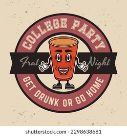 Collage party vector round emblem, badge, label or logo with plastic cup of beer cartoon smiling character illustration on light textured background