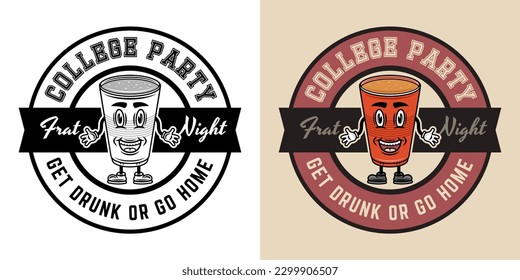 Collage party vector round emblem, badge, label or logo with plastic cup of beer cartoon smiling character. Two styles monochrome and colored with removable textures