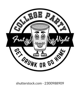 Collage party vector round monochrome emblem, badge, label or logo with plastic cup of beer cartoon smiling character illustration on white background