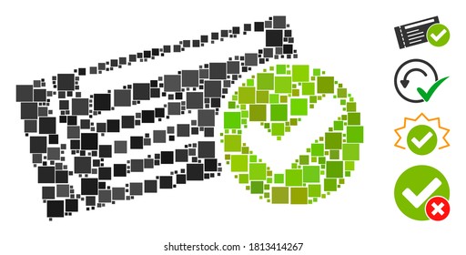 Collage Passed icon united from square elements in different sizes and color hues. Vector square elements are grouped into abstract collage passed icon. Bonus icons are placed.