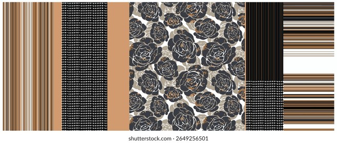 collage patchwork rectangle seamless stripes Modern colorful tropical floral pattern. Cute botanical abstract contemporary seamless pattern. Hand drawn unique print.
