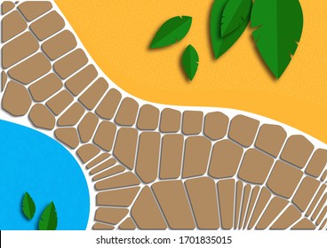 Collage with a path made of abstract stone and leaves cut out of paper. Design for poster, cover, postcard, invitation, brochure, flyer. Vector illustration.