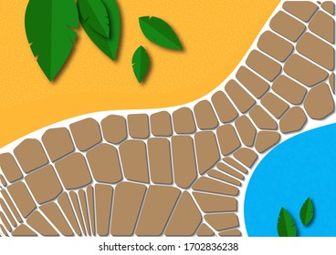Collage with a path made of abstract stone and leaves cut out of paper. Design for poster, cover, postcard, invitation, brochure, flyer. Vector illustration.