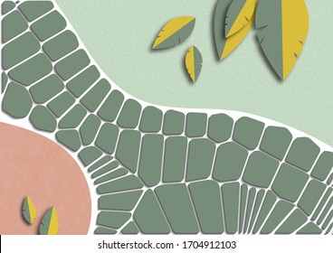 Collage with a path made of abstract stone and leaves cut out of paper. Design for poster, cover, postcard, invitation, brochure, flyer. Vector illustration.