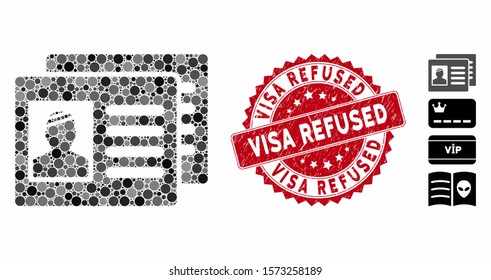 Collage patient cards icon and grunge stamp seal with Visa Refused caption. Mosaic vector is formed with patient cards icon and with scattered spheric items. Visa Refused stamp seal uses red color,