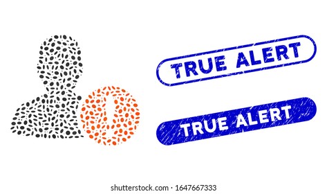 Problema con el paciente en grupo y sellos con sellos de goma con texto Alerta verdadera. El problema del paciente vector mosaico se forma con elementos ovales aleatorios. Los sellos de sellos de la alerta verdadera utilizan color azul,