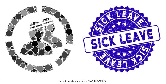 Collage patients diagram icon and rubber stamp seal with Sick Leave phrase. Mosaic vector is designed with patients diagram icon and with randomized round spots. Sick Leave stamp seal uses blue color,