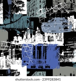 Collage pattern of cityscape drawn with abstract technique,
