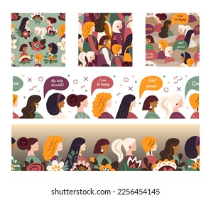 Collage of patterns for design with different women on white bac