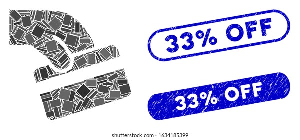 Collage pay card and grunge stamp seals with 33% Off phrase. Mosaic vector pay card is formed with randomized rectangle items. 33% Off stamp seals use blue color, and have round rectangle shape.