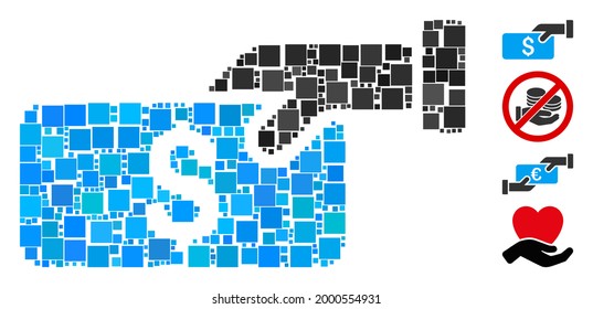 Collage Pay icon constructed from square items in variable sizes and color hues. Vector square items are grouped into abstract collage pay icon. Bonus pictograms are added.