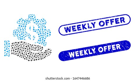 Collage payment options service hand and grunge stamp seals with Weekly Offer caption. Mosaic vector payment options service hand is created with scattered oval parts.
