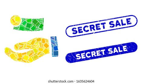 Collage payment and rubber stamp seals with Secret Sale text. Mosaic vector payment is formed with random rectangle items. Secret Sale stamp seals use blue color, and have round rectangle shape.