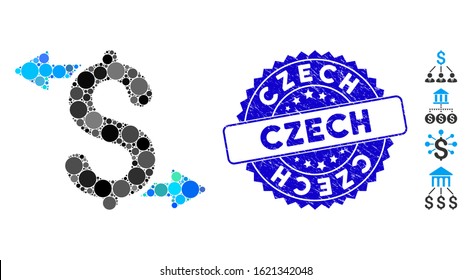 Collage payouts icon and rubber stamp seal with Czech phrase. Mosaic vector is designed with payouts icon and with randomized round items. Czech stamp seal uses blue color, and grunge design.