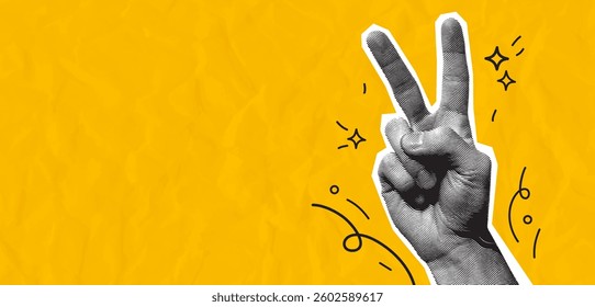 Collage with peace hand sign. Engraved style hand gesture and doodle abstract elements on yellow background with wrinkled paper effect. Vector illustration.