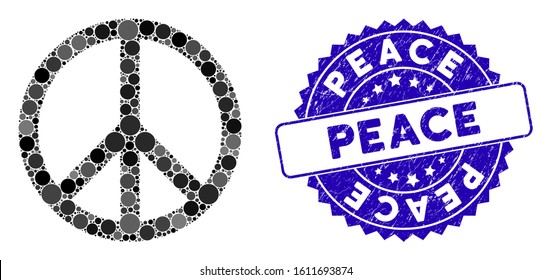 Collage peace icon and grunge stamp seal with Peace caption. Mosaic vector is formed with peace icon and with random circle elements. Peace stamp seal uses blue color, and grunged texture.