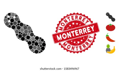 Collage peanut icon and grunge stamp seal with Monterrey caption. Mosaic vector is formed with peanut pictogram and with scattered round items. Monterrey stamp seal uses red color, and grunge design.