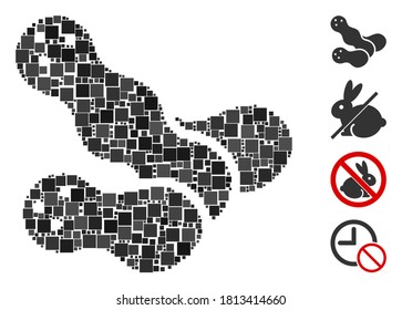 Collage Peanuts icon composed of square items in random sizes and color hues. Vector square parts are grouped into abstract collage peanuts icon. Bonus icons are placed.