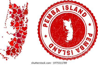 Collage Pemba island map created from red love hearts, and corroded seal stamp. Vector lovely round red rubber seal stamp imitation with Pemba island map inside.