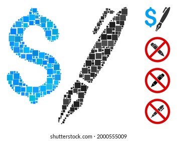 Collage Pencil price icon constructed from square items in random sizes and color hues. Vector square items are grouped into abstract collage pencil price icon. Bonus pictograms are placed.